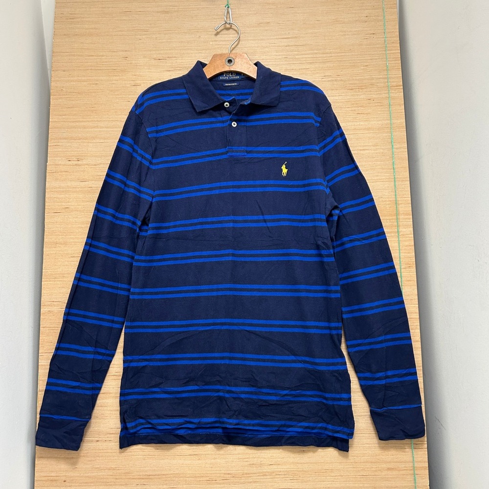 Polo Ralph Lauren Mens Custom Slim Fit Striped Long Sleeve Polo Shirt Navy Blue